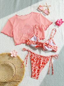 Swim Mod Costume da bagno a tre pezzi da donna con stampa a frutta, reggiseno con ferretto push-up, spalline regolabili, fiocco sul retro e laccetto sui lati, stile carino e casual