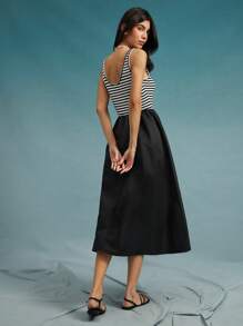 WESTFADE Áo ba lỗ cổ tròn dệt kim sọc và nylon kiểu phương Tây bó sát & xòe váy midi cowgirl mùa xuân kỳ nghỉ hè bãi biển - Đen và trắng - Xem 2