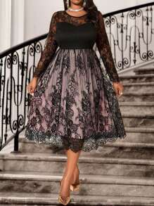 Fleurora Autumn And Winter Elegant Party Work Office Black Knitted Lace Textured Round Neck Flared Midi Long Sleeve Plus Size Dresses - Pink - View 7