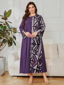SHEIN Lacomfia Vestito con stampa geometrica a blocchi di colore e maniche lunghe, taglie comode