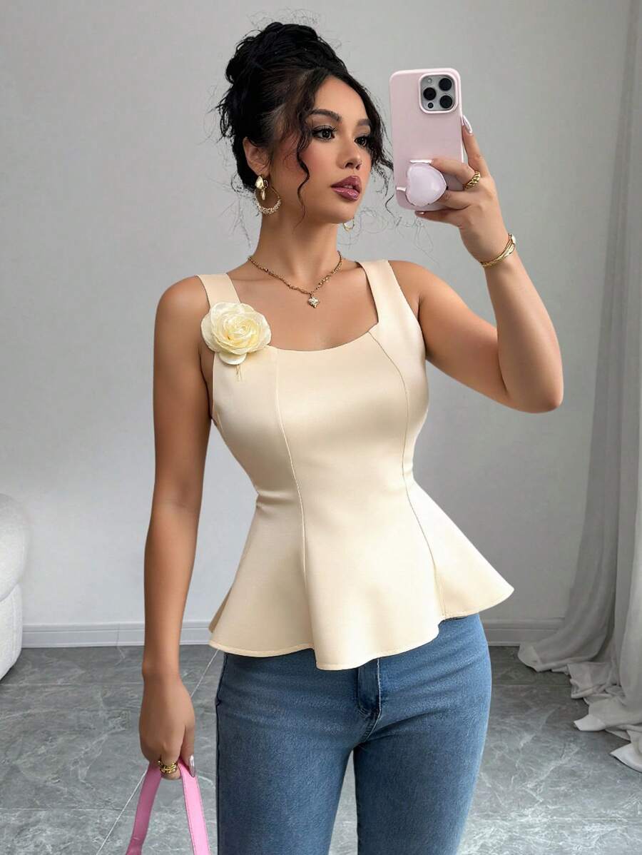 Chiquease Elegant High-Quality Fitted 3D Floral Decor Camisole - Apricot - View 1