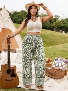 Breezaya Plus Size Women Elegant Commute& Vacation Versatile Totem Pattern Tie Waist Long Pants