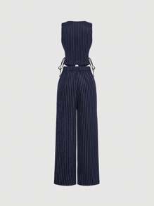 SHEIN MOD V-Neck Sleeveless Side Tie Waist Straight Pants Navy Striped Suit Set,Early Autumn Outfit Back To School Preppy Tops 2pcs Set Navy Pants Old Money Style,Business Casual Women,Office Wear Women Set.Striped Navy Set,Professional Clothes