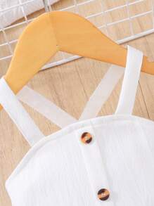 SHEIN 2pcs Infant/Toddler Girls Spring/Summer Casual Vacation Elegant Button Decor Wide Strap White Tank Top And White Contrast Polka Dot Ruffle Trim Asymmetrical Skirt, 1-3 Years Old OOTD Outfit, Suitable For Outing, Vacation And Daily Wear