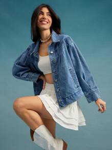 WESTFADE Spring Collared Button Front Pleated Long Sleeve Western Denim Cowgirl Swing Jacket Casual Cute Beach - Dark Wash - View 3