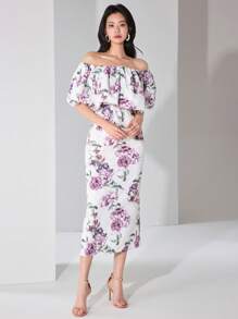 Heiryn Women's Floral Print Off Shoulder Long Dress With Ruffle Hem