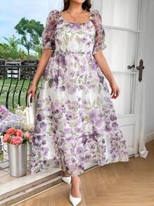 SHEIN Clasi 大码浅紫色浪漫优雅方领泡泡袖荷叶边下摆花裙，浅紫色连衣裙，女士夏季服装，女士节日服装，女士婚礼宾客礼服，婚礼宾客礼服，女士复活节礼服，生日礼服，夏季礼服，毕业礼服，女士花裙，飘逸礼服，春假礼服，毕业礼服，女士礼服，优雅礼服，女士优雅礼服，女士春季礼服，春季礼服，女士春季礼服，女士服装夏季礼服 - 淡紫色 - 查看 8