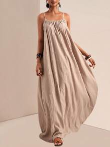 Slaydiva Plus Size Women Solid Color Pleated Slip Maxi Casual Dress,Flowy Dress