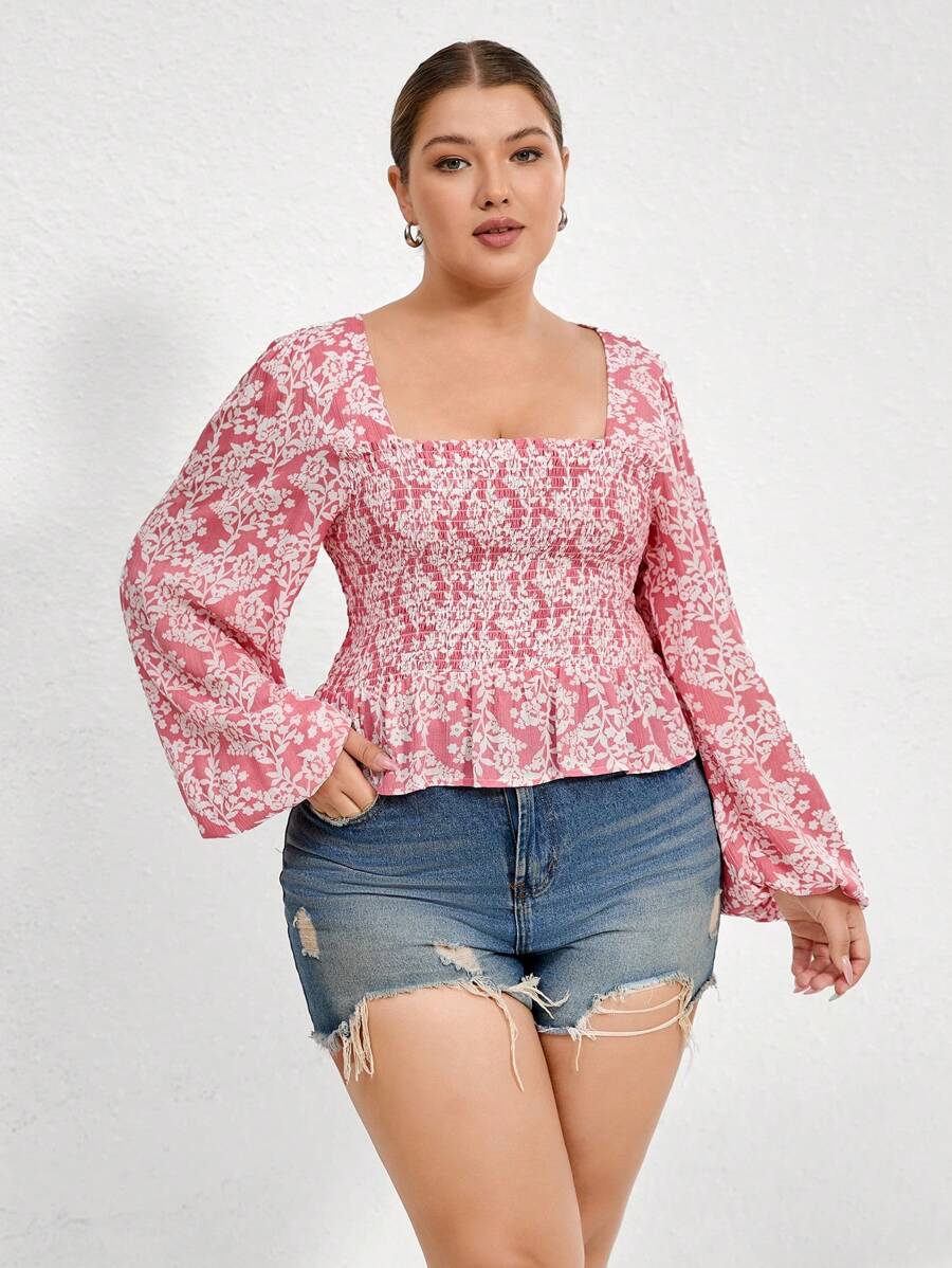 Aveloria Rosie 2025 Spring/Summer Versatile Ditsy Floral Puff Sleeve Design Fitted Slim Romantic Countryside Style Plus Size Women Blouse Boho Vacation Fashionable Style All Over Print - Pink - View 1