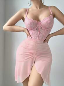 Softscene 2pcs Lace Contrast Mesh Sexy Nightgown Set (With Underwire, G-String) - Pink - View 4