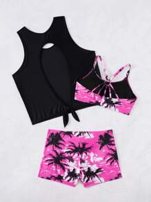 SHEIN Ensemble plage été 3 pièces pour femmes : Débardeur imprimé arbre de palme aléatoire, paréo transparent de couleur unie, slip de bikini de couleur unie. Élégant maillot de bain bikini - Multicolore - Voir 4