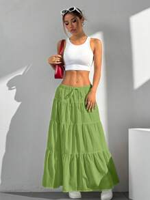 SHEIN EZwear 女士度假纯色腰带荷叶边下摆 A 字形纹理半身裙 - 綠色 - 查看 5