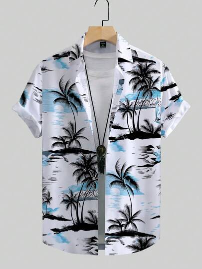 Manfinity RSRT 男士度假棕榈树印花休闲短袖衬衫，热带沙滩衬衫