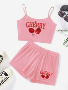 Slaydiva 2 piezas Conjunto casual de top de tirantes con estampado de cerezas y pantalones cortos ceñidos para mujer, adecuado para el verano - Rosa Pálido - Ver 3