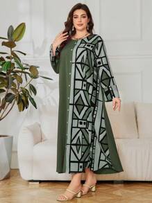 SHEIN Lacomfia Vestido de manga larga con estampado geométrico de bloques de color para tallas grandes