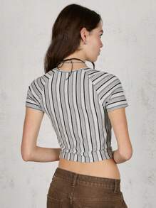 COUREZ Áo croptop tay ngắn cổ vuông phong cách Y2K mùa hè cho nữ, kiểu vintage. - Xám - Xem 3