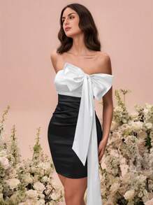 Glamine Vestido elegante de satén de talle alto con cierre de cremallera, escote, decoración de lazo, y espalda descubierta, de color negro y blanco, de estilo sexy para mujer