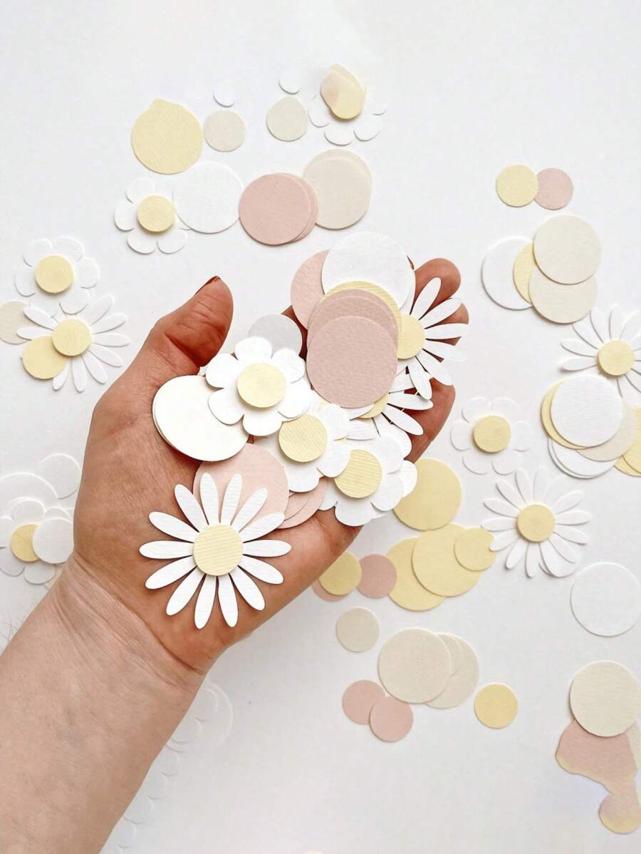 100 件/1 袋甜美圆形雏菊花纸彩纸婚礼花桌撒性别揭秘生日派对礼盒装饰品供应 - 彩色 - 查看 1
