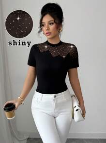 Elenzga Women's Summer Elastic Fitted Crewneck Short Sleeve T-Shirt With Sequins, Mesh Splicing, And Hollow Design, Sexy And Fashionable Casual - Black - View 1