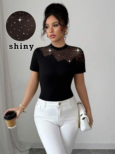 Elenzga Women's Summer Elastic Fitted Crewneck Short Sleeve T-Shirt With Sequins, Mesh Splicing, And Hollow Design, Sexy And Fashionable Casual