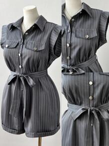 Sunspun Plus Size Women Lapel Cinched Waist Utility Jumpsuit Pants