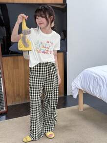 DAZY 2 件套女童圆领印花短袖上衣和短裤套装，春夏，大码少女 - 黑與白 - 查看 4
