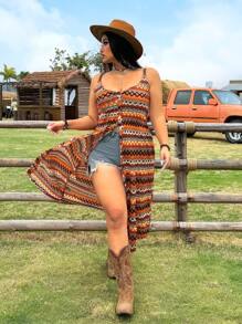 SHEIN EZwear Casual Romantic Vacation Style Striped V-Neck Sling Hem Slit Maxi Dress, Spring/Summer