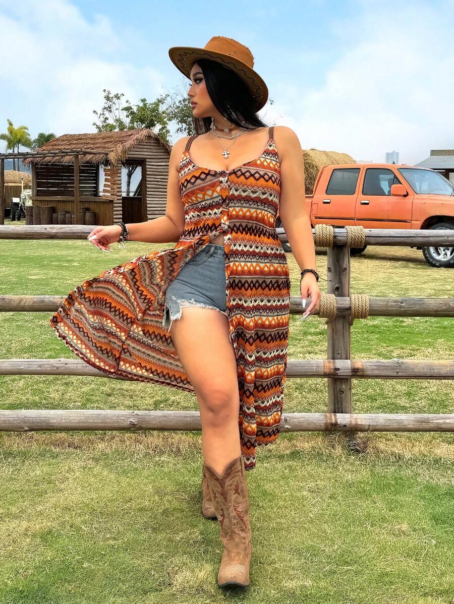 SHEIN EZwear Casual Romantic Vacation Style Striped V-Neck Sling Hem Slit Maxi Dress, Spring/Summer