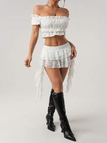 SHEIN ICON Low Waist Vacation Style Casual Sexy White Lace Ruffle Hem Mini Skirt With Safety Shorts To Prevent Exposure