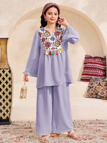 Tween Girl Floral Patchwork V-Neck Tassel Blouse & Wide Leg Pants, Loose Casual Resort Suit