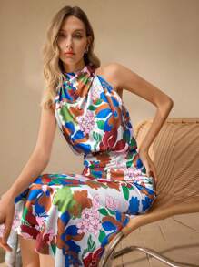 SHEIN Clasi Women's Elegant Floral Print Mid-Length Dress - Blue - View 6