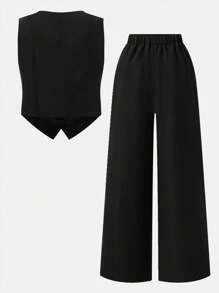 SHEIN Bộ 2 áo và quần họa tiết da báo Mỹ cổ điển cho bé gái tuổi teen - màu đen - Xem 3
