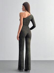 EURMUSE Sparkly Velvet One Shoulder Jumpsuit - Gold - View 2