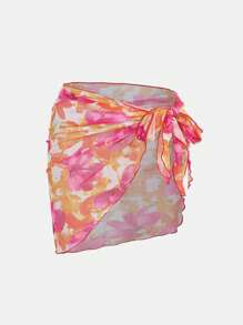 SHEIN Teen Girl 3-Piece Set: Orange Floral Print Swimwear Top, Bottoms, & Tied Skirt For Spring