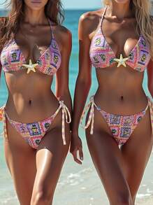 SHEIN Swim 2pcs Printed Lace Up Front Decor Bikini Set, Sexy & Stylish For Summer Beach Vacation - Multicolor - View 3