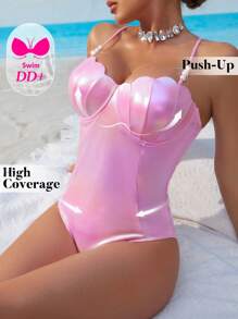 Swim DD+ 1 mảnh DD+ kim loại sáng bóng, màu trơn ngọc trai ngọt ngào & vỏ sò trang trí dây mảnh có thể điều chỉnh - Hồng - Xem 6