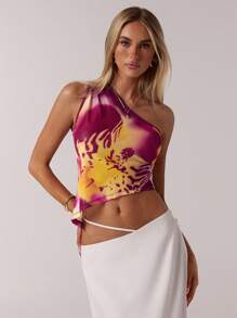 SHEIN Forever 21 Women Spring Vacation Simple Asymmetric Hem Tropical Floral Print Short Crop Top