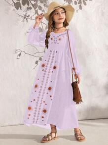SHEIN Explorewe Tween Girls Black Long Sleeve Fashion Summer Dress - Purple - View 7