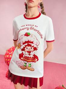 Strawberry Shortcake X SHEIN 男士卡通字母印花圆领短袖 T 恤 - 白色 - 查看 1