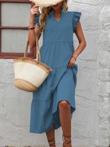 SHEIN LUNE 缺口领口荷叶边饰罩衫连衣裙长款女装 - 藍色 - 查看 5