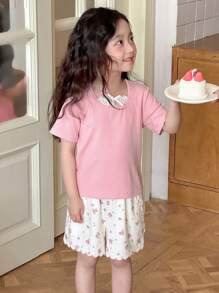 DAZY Pantalones cortos informales de niña con estampado floral y sólido, moda minimalista adecuada para el verano - Blanco - Ver 4