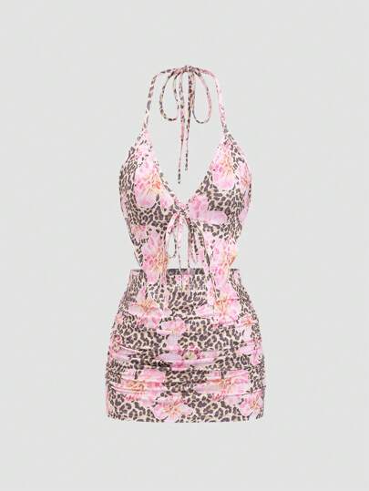 EgrlEra 2pcs/Set Women's Leopard Floral Print V-Neck Backless Tied Halter Top And Ruched Mini Skirt, Casual Vacation Sexy Party Design Look For Spring And Summer