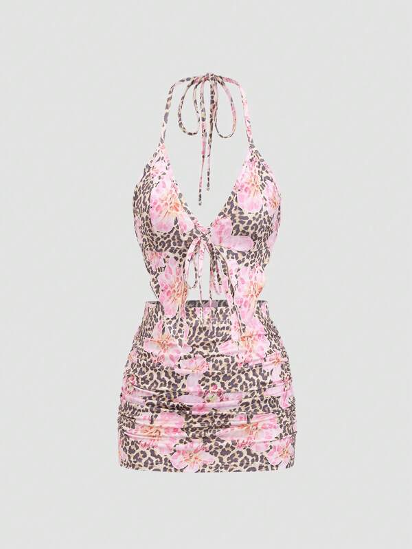 EgrlEra 2pcs/Set Women's Leopard Floral Print V-Neck Backless Tied Halter Top And Ruched Mini Skirt, Casual Vacation Sexy Party Design Look For Spring And Summer