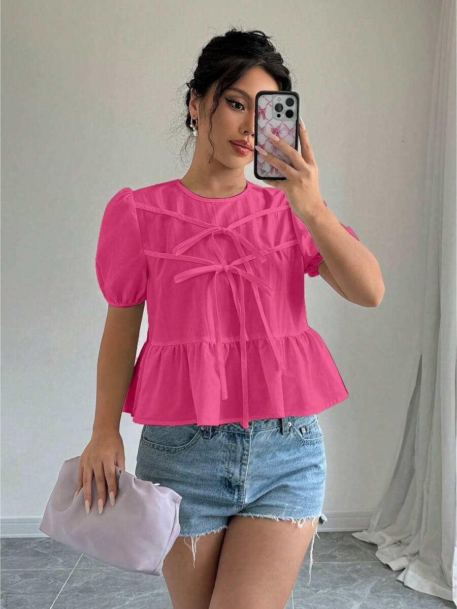 Elenzga Bow Front Puff Sleeve Peplum Blouse Peplum Top - Hot Pink - View 1
