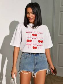 RueChic CASUAL ROUND NECK BOW CHERRY PRINT T SHIRT - White - View 3