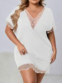 Plus Size Deep V-Neck Mesh Panel Polka Dot Short Nightgown