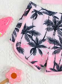 Young Girl 3pcs/Set Casual Palm Tree Print Zipper Front Long Sleeve Top And Pants Swimwear - Multicolor - View 4