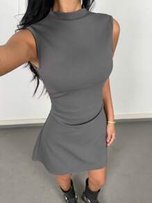 Coolane Kids Tween Girls Spring/Summer High Neck Cinched Waist A-Line Dress - Grey - View 3