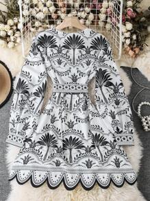 SHEIN Clasi Women's Casual V-Neck Long Sleeve Vacation Plant Print Dress - Black and White - View 2