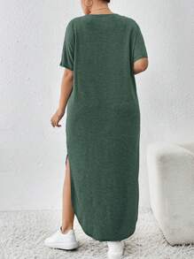 SHEIN Essnce Plus Size Women's Spring And Summer New Fashion Commuter Casual Pocket Design Slit Long Robe Dress - Dark Green - View 2